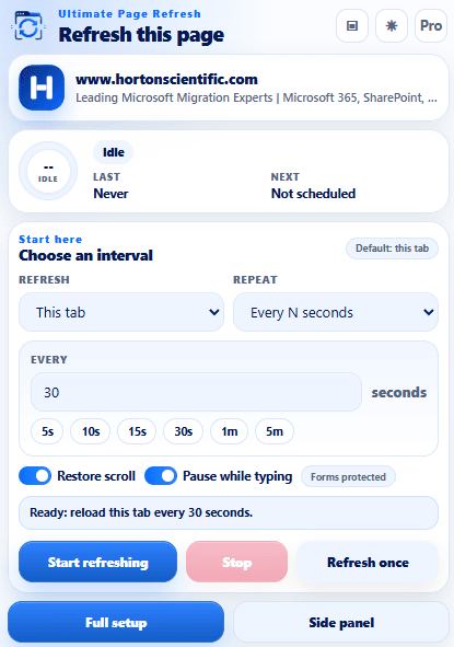 Ultimate Page Refresh popup showing the quick timer setup for the current page.